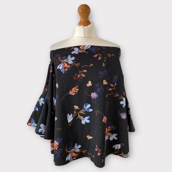 Topshop Maternity Ella Bardot Blouse Top Size 16 Black Multi Flared Off Shoulder - Picture 2 of 9